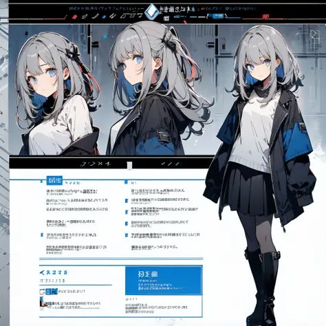 【TOP QUALITY, table top】 [one girl,  comments,  expressionless,  positive for home, ( Grey Hair:1.5), straight hair , (shortcuts:1.4),( blue eyes:1.3), Oversized Black Jacket , black skirt,  long boots、Dynamic Pose