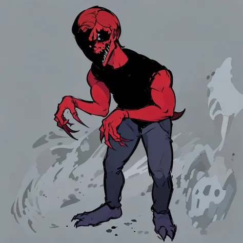 cartoon of a man with a red face and claws on his body, evil standing smiling pose, scary angry pose, full body devil man, scary pose, zombie in horror concept art, human male demon, zombie arms out in front, scary creature, creepy mutant flesh creature, m...