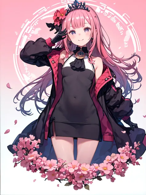  masterpiece,TOP QUALITY,1 girl,Healing Blessings ,pink hair,flower, gloves, jacket, Hair Flower,hair ornaments close to the garden,tiara,earrings, ascot ,smile, in a circle, petals, pink background,gradient background showing belly,