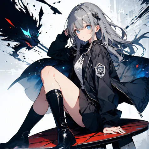 【TOP QUALITY, table top】 [one girl,  comments,  expressionless,  positive for home, ( Grey Hair:1.5), straight hair , (shortcuts:1.4),( blue eyes:1.3), Oversized Black Jacket , black skirt,  long boots、Dynamic Pose、simple white background