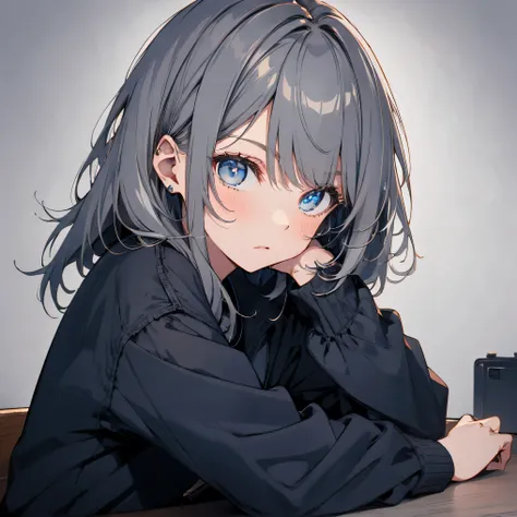 【TOP QUALITY, table top】 [one girl,  comments,  expressionless,  positive for home, ( Grey Hair:1.5), straight hair , (shortcuts:1.4),( blue eyes:1.3), Oversized Black Jacket , black skirt,  long boots、Dynamic Pose、simple white background