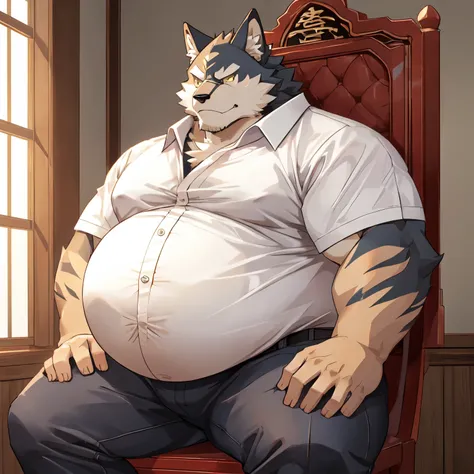   The wolf's fat stomach on the verge of bursting，hugeな太ったお腹，   茶色のhugeな狼，yellow eyes staring at ， is fleshy，thick，body weight，heavy，huge， Obese，Potbelly，Stern face， Thick arms， thick legs，メガサイズの超hugeな膨らんだ太ったお腹，Flabby Stuck Out，Pregnant belly， chair，tight ...