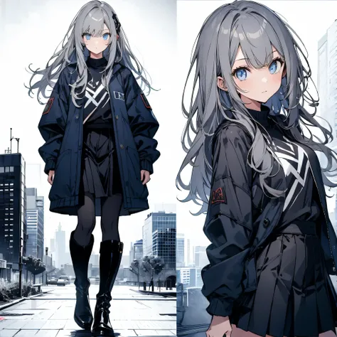 【TOP QUALITY, table top】 [one girl,  comments,  expressionless,  positive for home, ( Grey Hair:1.5), straight hair , (shortcuts:1.4),( blue eyes:1.3), Oversized Black Jacket , black skirt,  long boots、Dynamic Pose