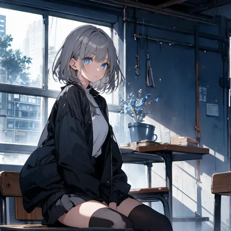 【TOP QUALITY, table top】 [one girl,  comments,  expressionless,  positive for home, ( Grey Hair:1.5), straight hair , (shortcuts:1.4),( blue eyes:1.3), Oversized Black Jacket , black skirt,  long boots、Dynamic Pose