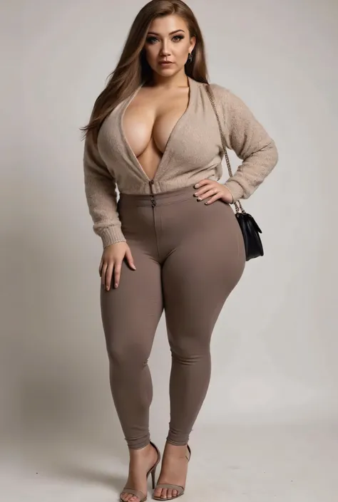 ((Full body)), front view,  makeup,   straight  hair, bigboobs, ((Sweater, leggings,  high heels, high heels, (((plus size curvy body, wide hips))) )), plain background
