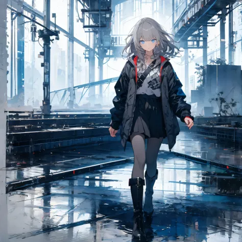 【TOP QUALITY, table top】 [one girl,  comments,  expressionless,  positive for home, ( Grey Hair:1.5), straight hair , (shortcuts:1.4),( blue eyes:1.3), Oversized Black Jacket , black skirt,  long boots、Dynamic Pose