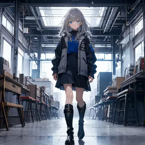 【TOP QUALITY, table top】 [one girl,  comments,  expressionless,  positive for home, ( Grey Hair:1.5), straight hair , (shortcuts:1.4),( blue eyes:1.3), Oversized Black Jacket , black skirt,  long boots、Dynamic Pose