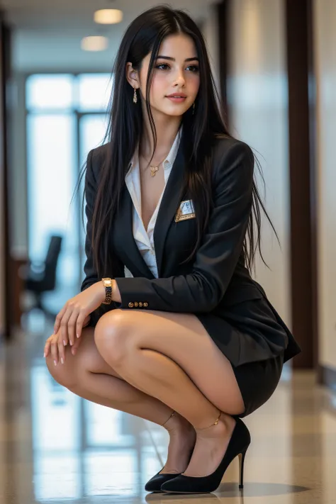 highest quality, sleek long black hair, professional office lady with long black hair, dynamic squat pose, detailed eyes and skin texture, studio lighting, 30 years old, black eyes, graceful, moderate chest, plump lips, earrings, necklace, charcoal tight s...