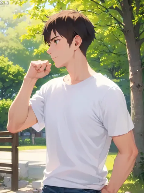 side angle, (looking away:1.5), hand up, clenched fist, masterpiece, best quality, Japanese manga style, upper body, standins, (25 year old male: 1.5) and (short brown hair) and (green eyes), (white T-shirt) and (jeans), smile, in the park, alone,
