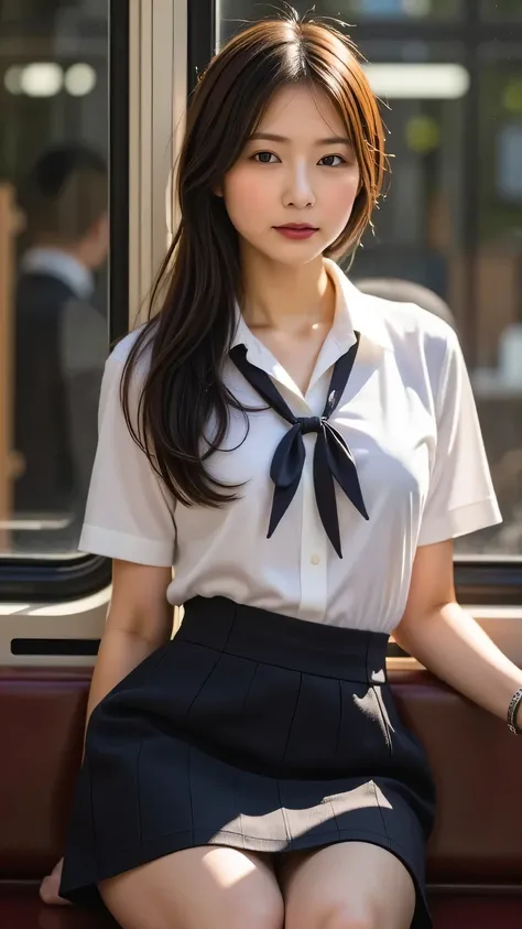 photorealistic, front view :1331, very realistic pictures , realistic, perfect configuration, proper placement in office clothes, Beautiful Japanese woman's face:1.331, sit on the train seat :2.0, plain uniform from a famous high school in the city ...