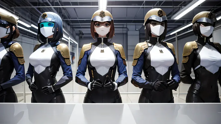 image of female soldiers wearing armored bodysuits and masks lined up in a row、A scene of soldiers with no light in their eyes lined up in a dreary, factory-like room、Brainwashed Soldiers,