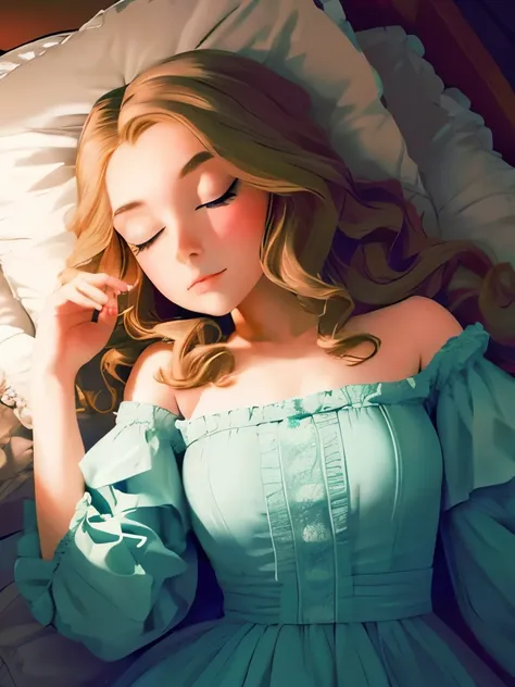 there is a  laying on a bed with a big headboard, an album cover by Gee Vaucher, tumblr, rococo, sleeping princess!!!!, sleeping beauty, sleeping beauty fairytale, .. if only i could sleep, emma watson in bed, in the bedroom at a sleepover, in a bedroom, a...