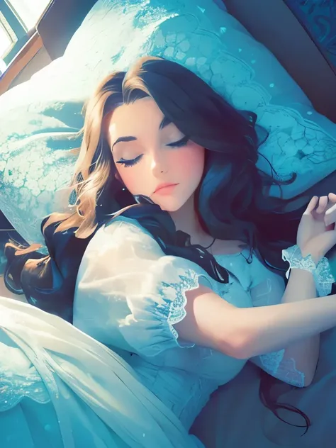 there is a  laying on a bed with a big headboard, an album cover by Gee Vaucher, tumblr, rococo, sleeping princess!!!!, sleeping beauty, sleeping beauty fairytale, .. if only i could sleep, emma watson in bed, in the bedroom at a sleepover, in a bedroom, a...