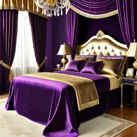 araffe bed with a purple and gold bed spread and a pair of boots, a portrait by Gwen Barnard, flickr, baroque, draped in velvet and flowers, on a sumptuous velvet tablecloth, draped in silky purple and gold, draped in purple and gold silk, fancy drapery on...