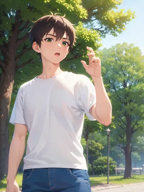 looking at viewer, raising hand, masterpiece, best quality, Japanese manga style, upper body, standins, (25 year old male: 1.5) and (short brown hair) and (green eyes), (white T-shirt) and (jeans), (worried:1.3), open mouth, in the park, alone,
