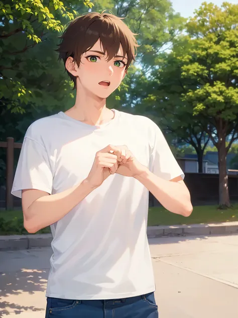 looking at viewer, raising hand, masterpiece, best quality, Japanese manga style, upper body, standins, (25 year old male: 1.5) and (short brown hair) and (green eyes), (white T-shirt) and (jeans), (worried:1.3), open mouth, in the park, alone,
