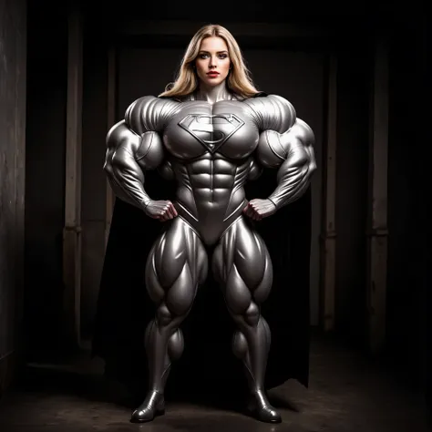 (((SHOWING OFF HER PERFECT HARD ASS)) SUPERGIRL TRYING-ON HER GLOSSY silver SUPER SUIT FOR THE VERY FIRST TIME (((her super suit is stretched to its limits, by her gigantic bulging muscles))) she is in a dark building. she has blonde hair.  she is flexing ...