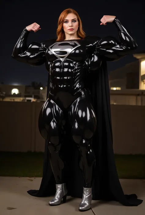 (((SHOWING OFF HER PERFECT HARD ASS)) SUPERGIRL TRYING-ON HER GLOSSY black SUPER SUIT FOR THE VERY FIRST TIME (((her super suit is stretched to its limits, by her gigantic bulging muscles))) she is outside at night. she has red hair.  she is flexing her bi...