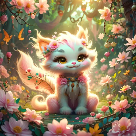 whimsical airbrush and oil painting, best angle of a Very cute mythical graceful transparent anthropomorphic furry creature holds pink acacia, thin arms, fragile thread legs, jasmine flower spirit, Mystical garden where pink acacia grows in a professional ...