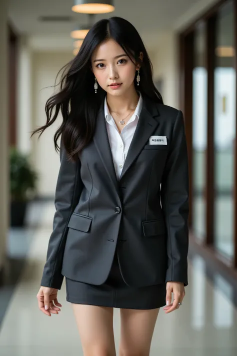 highest quality, fashionable long black hair, professional office lady with long black hair, dynamic squat pose, ultra-fine eye and skin details, studio lighting, 30 years old, black eyes, elegant, moderate chest, full pouty lips, earrings, necklace, charc...