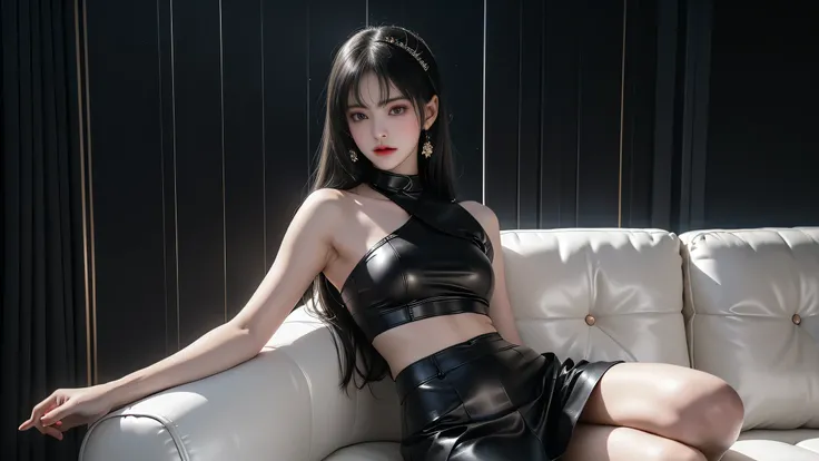 ((Girl lying on a sofa in a car ))、(( One Shoulder Black Leather Pant Suit ))、(( Black Leather Tight Miniskirt ))、(( sitting with legs crossed)) , high quality work 、Live-action film、Ultra Premium Graphics、8K HD CG works、 High Quality Graphics 、High-defini...