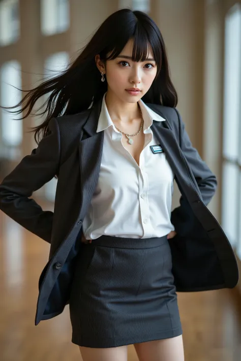 highest quality, fashionable long black hair, professional office lady with long black hair, dynamic squat pose, ultra-fine eye and skin details, studio lighting, 30 years old, black eyes, elegant, moderate chest, full pouty lips, earrings, necklace, charc...