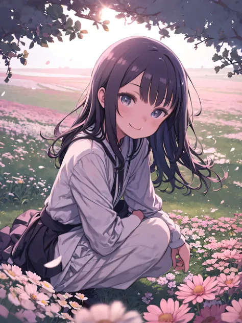 Girl crouching in a field of flowers、Staring at flowers、smile、Touching your hair、evening、low angle、 Panchira、