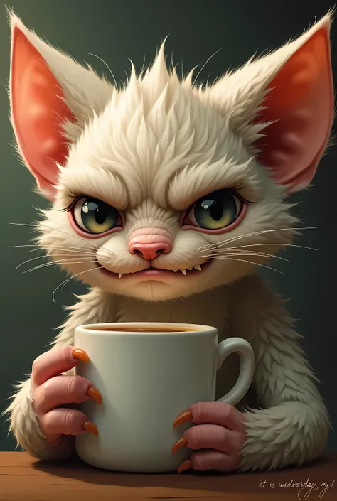 a close up of a anthropomorphic-cat holding a cup of coffee, short-cat, the gremlins are too damn high, upset the coffee does not work, inspired by Muggur, zombie not enjoying coffee, gremlin, it is wednesday my dudes, yoda:-1, is evil gremlin, style of wl...