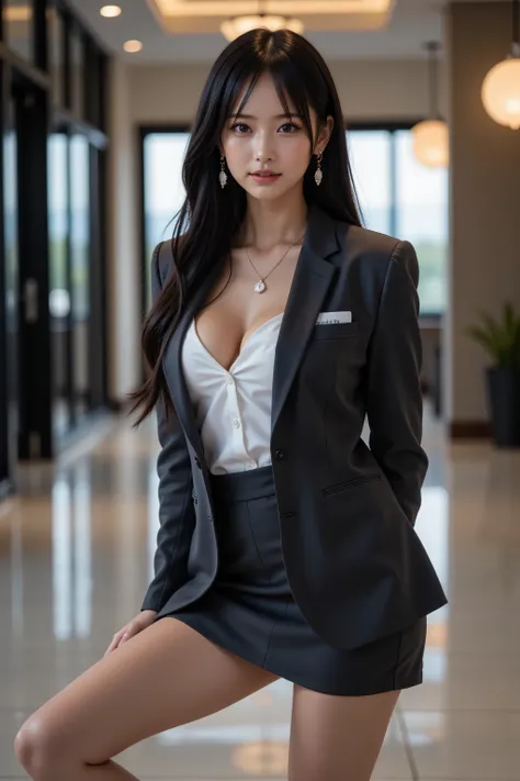 highest quality, fashionable long black hair, professional office lady with long black hair, dynamic squat pose, ultra-fine eye and skin details, studio lighting, 30 years old, black eyes, elegant, moderate chest, full pouty lips, earrings, necklace, charc...