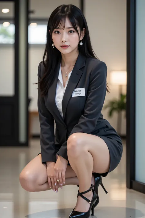 highest quality, stylish long black hair, professional office lady with long black hair, dynamic squat pose, ultra-detailed eyes and skin, studio lighting, 30 years old, black eyes, sophisticated, moderate chest, plump lips, earrings, necklace, charcoal ti...