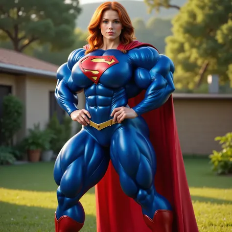 (((SHOWING OFF HER PERFECT HARD ASS)) SUPERGIRL TRYING-ON HER GLOSSY BLUE SUPER SUIT FOR THE VERY FIRST TIME (((her super suit is stretched to its limits, by her gigantic bulging muscles))) she is outside. she has red hair.  awe of her new look (((her musc...