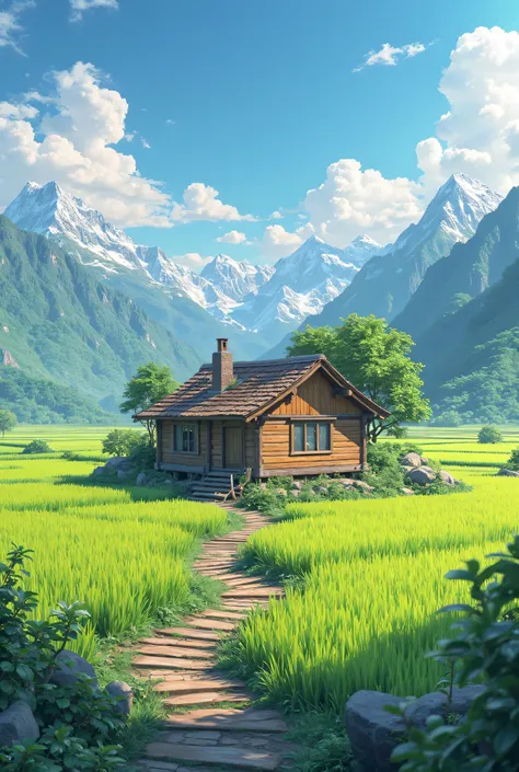 A small house in the countryside, with wooden steps, green rice fields, and mountains in the distance.
