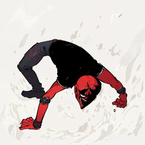 cartoon drawing of a man in a red and black outfit doing a handstand, scary angry pose, villain pose, evil pose, scary pose, full body devil man, weird expressionist pose, miles morales!!!, upsidedown, contorted, strange poses, spiderman in the moshpit, vi...