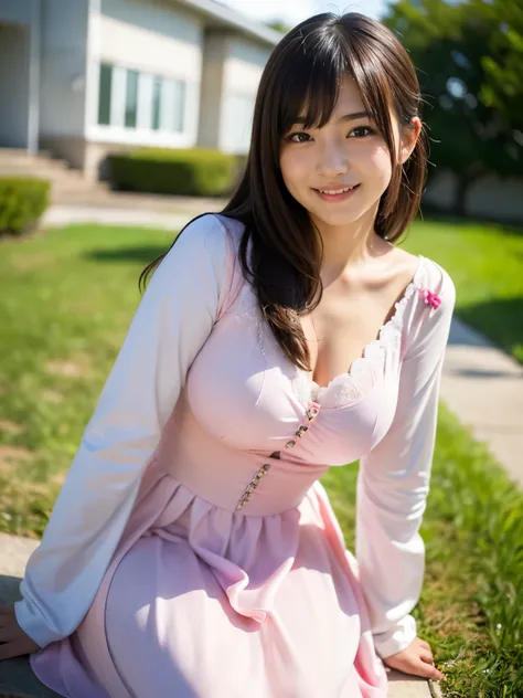 (Best-quality, Masterpiece, Ultra-High-Resolution, (Photorealistic:1.4), Raw Photo), (1girl, (15-years-old, the most famous Japanese idol), ((leaning forward)), looking at viewer, ((innocent smile)), (wearing most adorable dress with long sleeved)), (((mos...