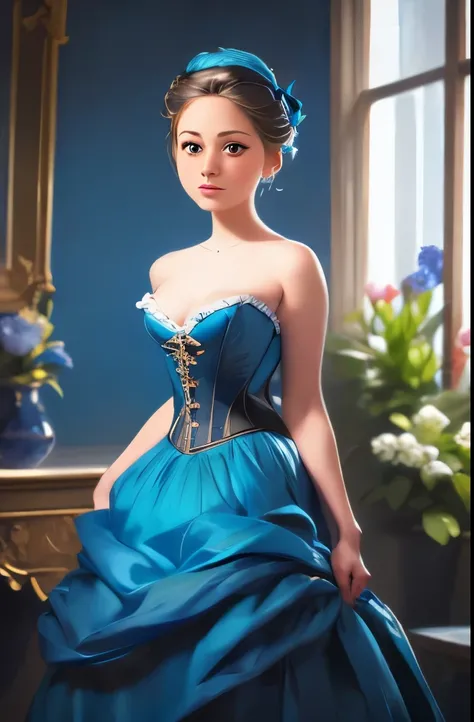 arafed painting of a woman in a blue dress looking at flowers, a fine art painting inspired by Cynthia Sheppard, tumblr, figurative art, blue corset, elegant oil painting, elegant digital painting, digital art of an elegant, in blue dress, a blue dress, vi...