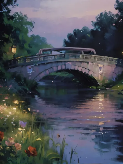 a painting of a bridge over a river with pink roses, painting of beautiful, beautiful painting, beautiful aesthetic art, a beautiful painting, night sky full of flowers, dream scenery art, dreamy night, romantic painting, gorgeous painting, scenery artwork...