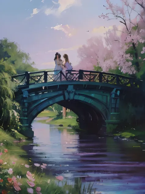 a painting of a bridge over a river with pink roses, an acrylic painting by Yang J, tumblr, romanticism, painting of beautiful, beautiful painting, beautiful aesthetic art, a beautiful painting, night sky full of flowers, dream scenery art, dreamy night, r...