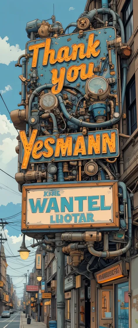 "Thank you Yesmann" detailed headline sign , steampunk,mechanical,Piping, factory,vapor,line,tackle,gear,Advertisement signs are lined up,Talk to a dynamic microphone fixed to the ,Dynamic Angle,dynamic typography,movie poster, magazine cover ,big title ,b...