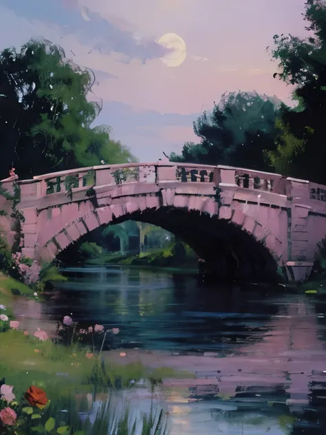 a painting of a bridge over a river with pink roses, an acrylic painting by Yang J, tumblr, romanticism, painting of beautiful, beautiful painting, beautiful aesthetic art, a beautiful painting, night sky full of flowers, dream scenery art, dreamy night, r...