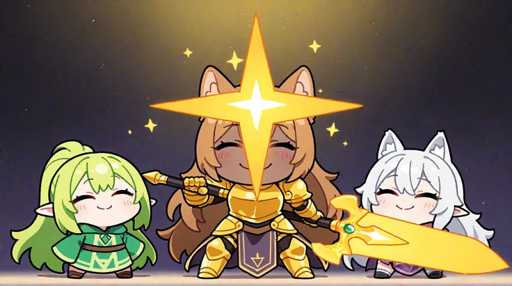 A chibi-style, two-heads-tall girl with dog ears and long silver hair. She is wearing a metal armor with a long lightning sword. She is standing in a cute and confident pose, facing forward with a big, cheerful smile. The background is a plain yellow, mak...
