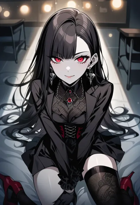 (masterpiece), best quality, 1 girl, scenario, night,
classroom, danganronpa_celestia_ludenberg, official style, long_hair, claw_ring, solo, pale skin, goth_fashion, gothic outfit with gothic corset, black_dress, lacey thigh highs, thighhighs, black jacket...