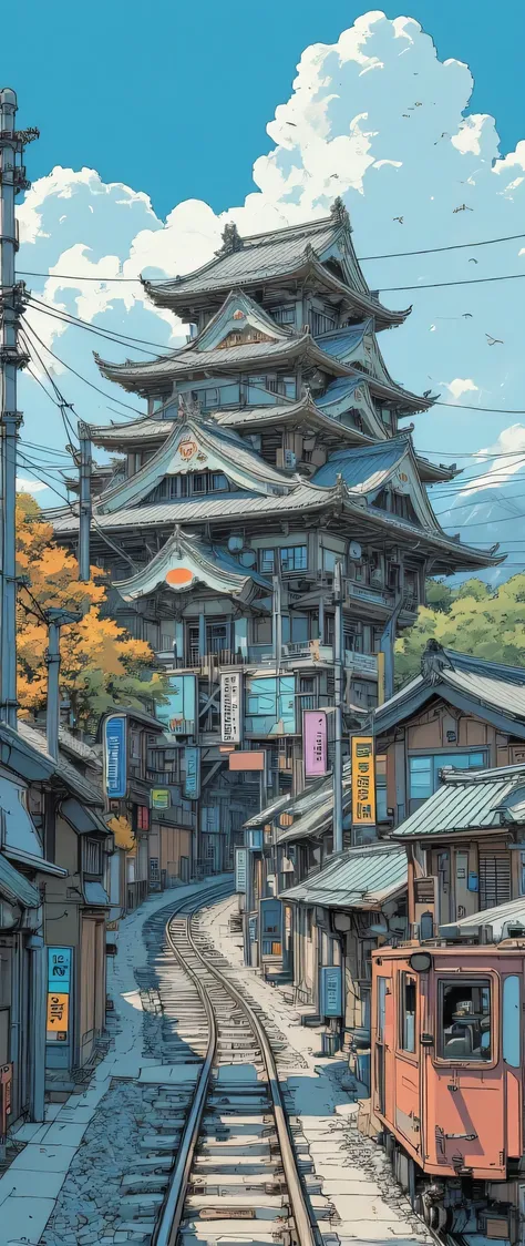 Japanese Castle,Ishigaki, Japanese style cyberpunk,wooden,Tile roof,mechanical,Piping,vapor,line,Railway,Tram,tackle,gear,soot,blue sky,cloud,Flock of birds,advertising signs line up,Talk to a dynamic microphone fixed to the ,movie poster, magazine cover ...