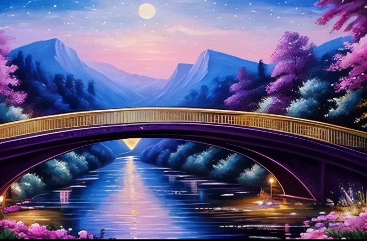 a painting of a bridge over a river with pink roses, painting of beautiful, beautiful painting, beautiful aesthetic art, a beautiful painting, night sky full of flowers, dream scenery art, dreamy night, romantic painting, gorgeous painting, scenery artwork...