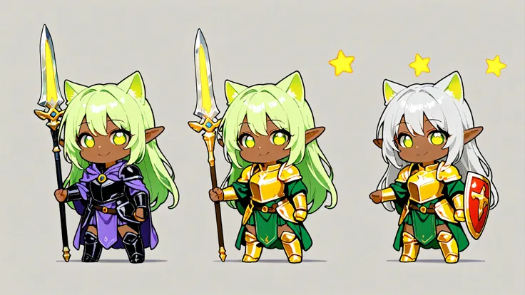 A chibi-style, two-heads-tall girl with dog ears and long silver hair. She is wearing a metal armor with a long lightning sword. She is standing in a cute and confident pose, facing forward with a big, cheerful smile. The background is a plain yellow, mak...