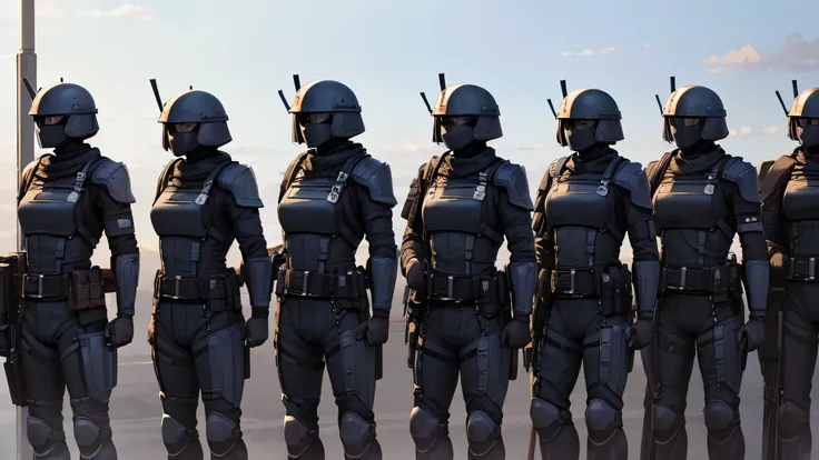 Female sci-fi soldiers wearing black armored bodysuits and masks lined up in a row