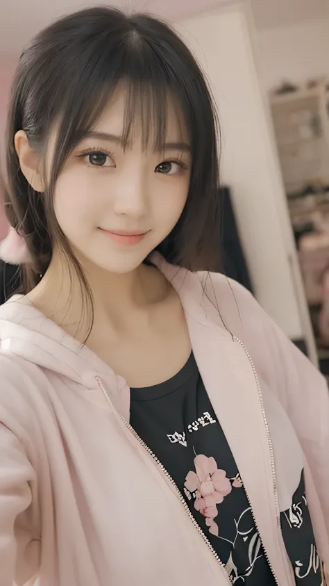 depicts a 24 year old realistic girl posing for a selfie, beautiful Japanese face, white skin, black hair, natural black eyes, Cute selfie pose, sweet smile, white hodie jacket, high quality modern casual black t-shirt, in the pink girl's room, high qualit...