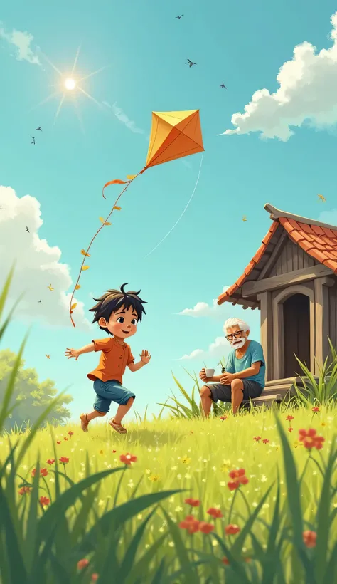 "A boy about 6-, with a small figure, slightly messy hair, and bare feet covered in mud, was running and jumping on a large green grass field under the bright afternoon sunlight. His face was radiant, his eyes were full of joy as he chased a kite flying hi...