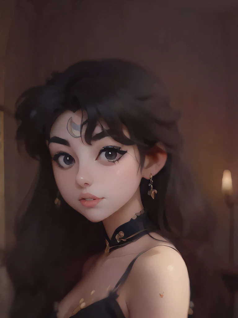 a close up of a woman in a black dress with long hair, ✨🕌🌙, anime princess, sailor moon aesthetic, the sailor moon. beautiful, by Sailor Moon, anime vibes, sailor moon style, inspired by Sailor Moon, anime girl wearing a black dress, nightcore, anime girl,...