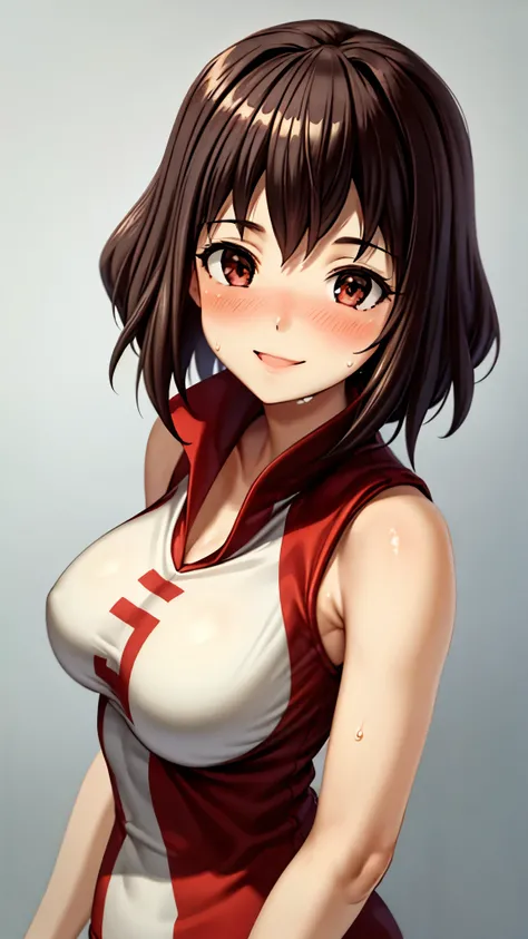 （ Super Quality ,Ultra High Definition,16k,super masterpiece,Ultra HD , detailed shading and background,）Upper body shot, one girl, red ribbon,sleeveless volleyball uniform,blush,smile, sweaty,