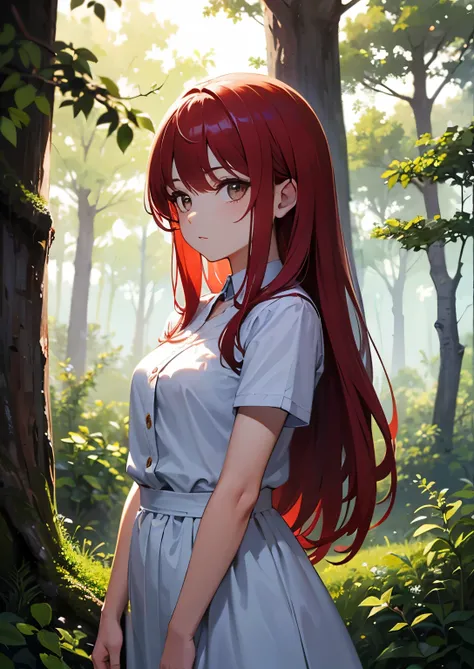  score_8_arriba, BREAK, 1 girl, Alone , Tayuya, red hair,  long hair,  brown eyes, yours,  up by body,  outdoor, forest,  arms at the sides ,